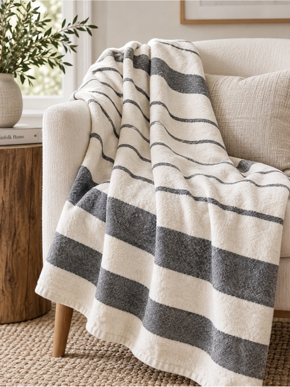 Pehr Muskoka 100% Cotton Charcoal Striped Throw Blanket 50 X 60